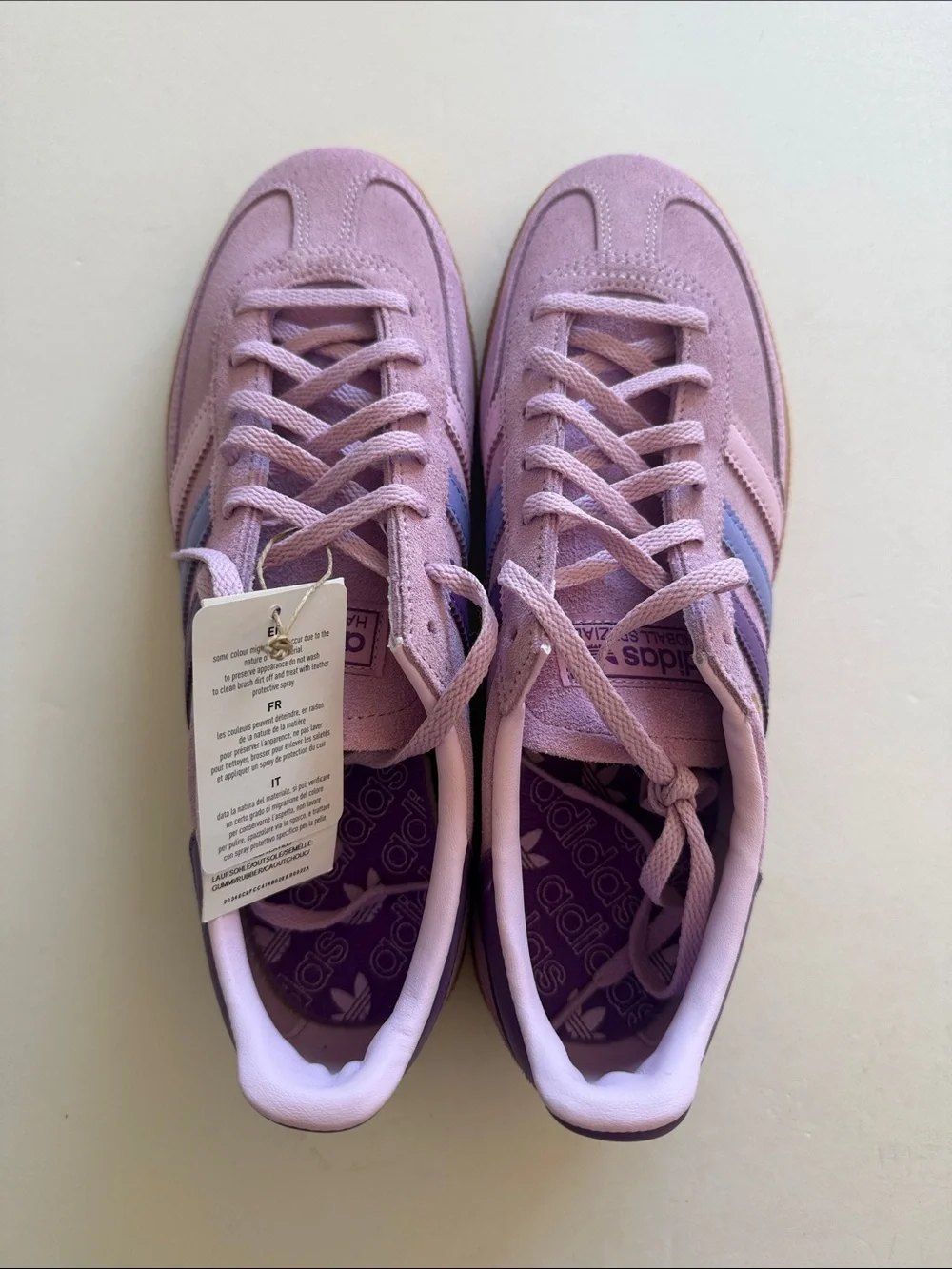 Adidas Handball Espezial Lavender Pink Suede Sneakers with Blue Stripes size 10